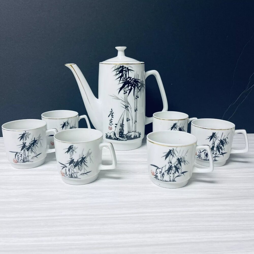 Vintage Japanese Saki Tea Pot Porcelain 6 Cups Set Gold Trim Bamboo